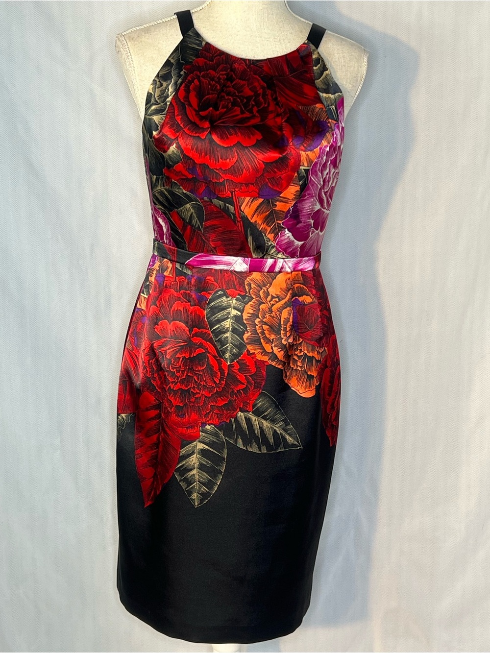 T Tahari | Dresses | T Tahari Dress Black Wred Orange Floral Gold Leafs Soft Satin Sleeveless 4